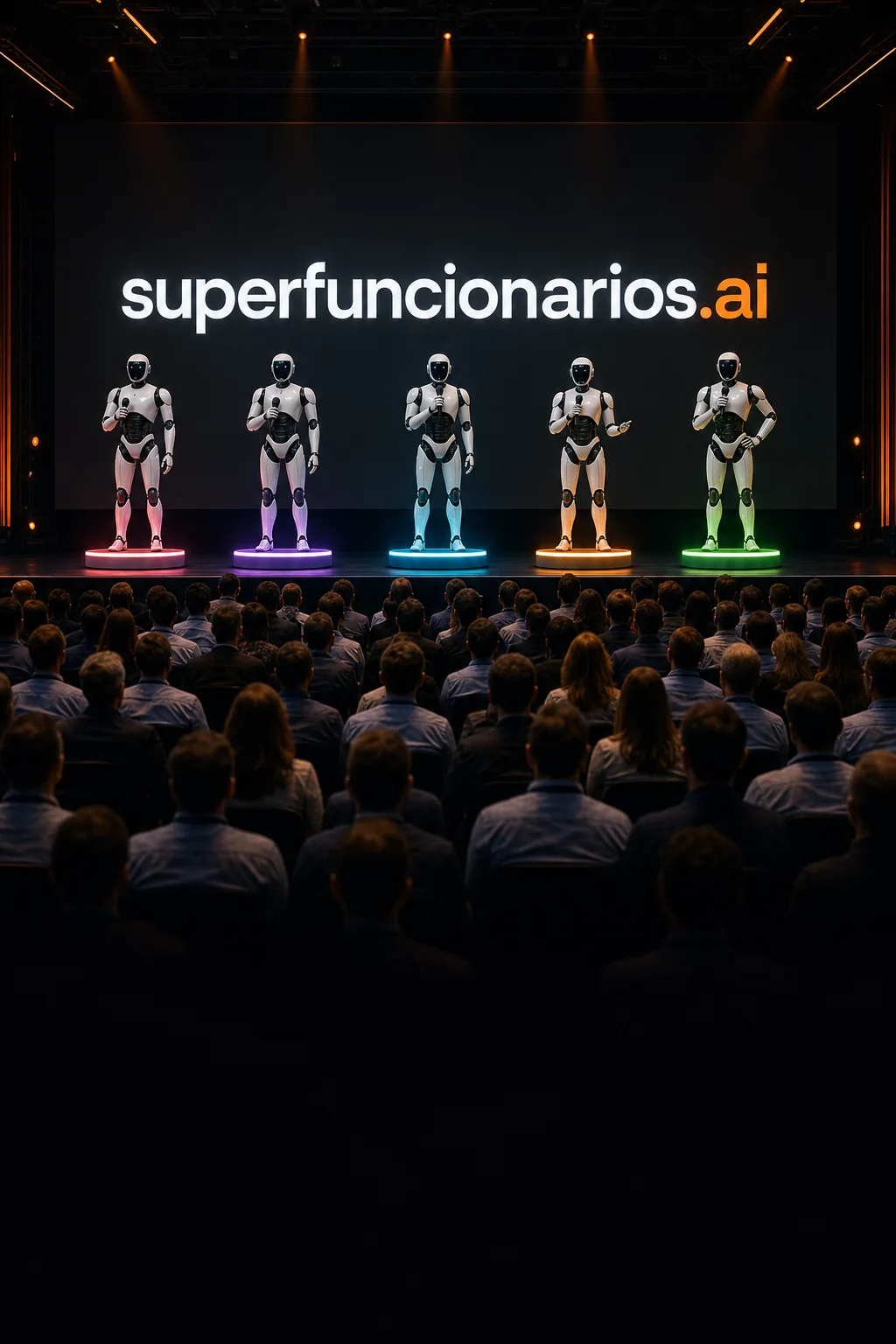 Imersão presencial Super Funcionários: os 5 funcionários de IA no palco diante da plateia